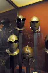 peculiar helmets in the palace armoury in valletta