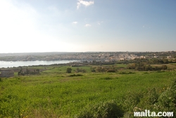 Fields and Marsaxlokk in the distance Fields and Marsaxlokk in the distance