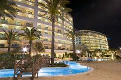 The facade of Radisson Golden sands by night